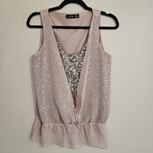 Apt. 9 Light Pink Sequin Blouse Layered Sleeveless Cinched Waist Ruffle Small
